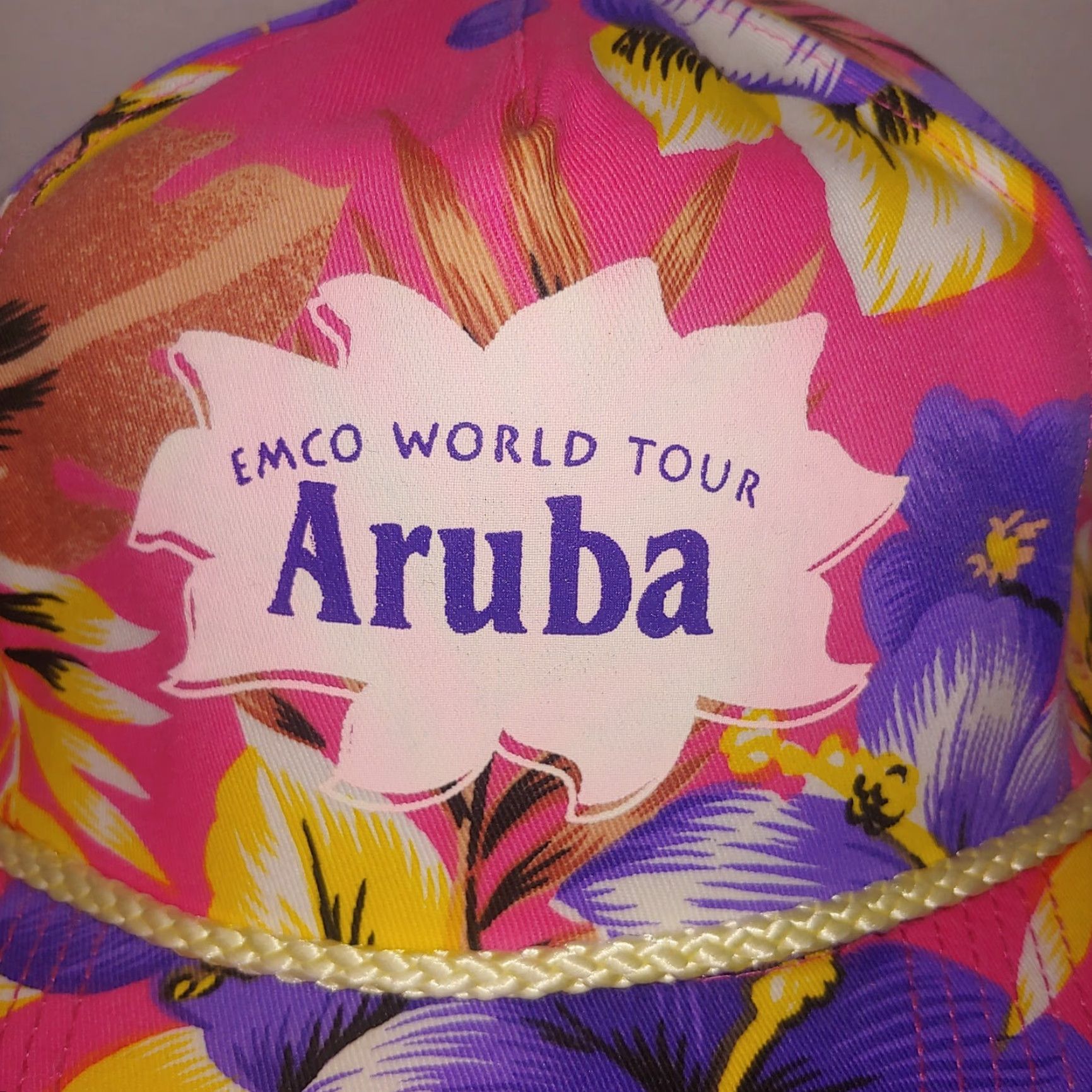 Vintage VINTAGE EMCO World Tour Aruba Cap Pink Purple Floral Canvas Trucker Beach NWOT Adjustable Unisex Adults Cobra Cap Capac? Size ONE SIZE - 2 Thumbnail