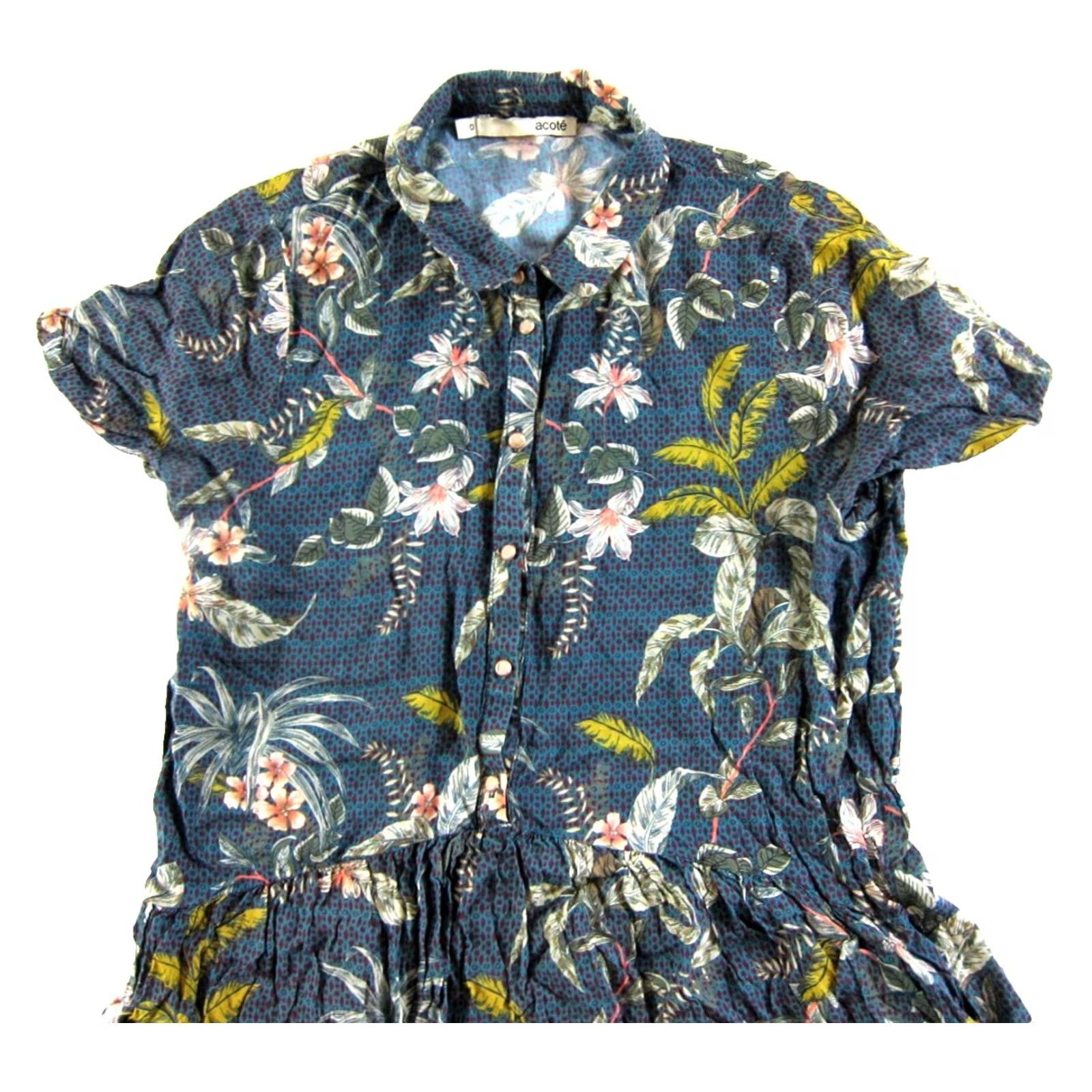Vintage Acote Rayon Blue Pink Green Floral Pocket Short Sleeve Collar Shirt Dress Size 0 Size XS / US 0-2 / IT 36-38 - 4 Thumbnail