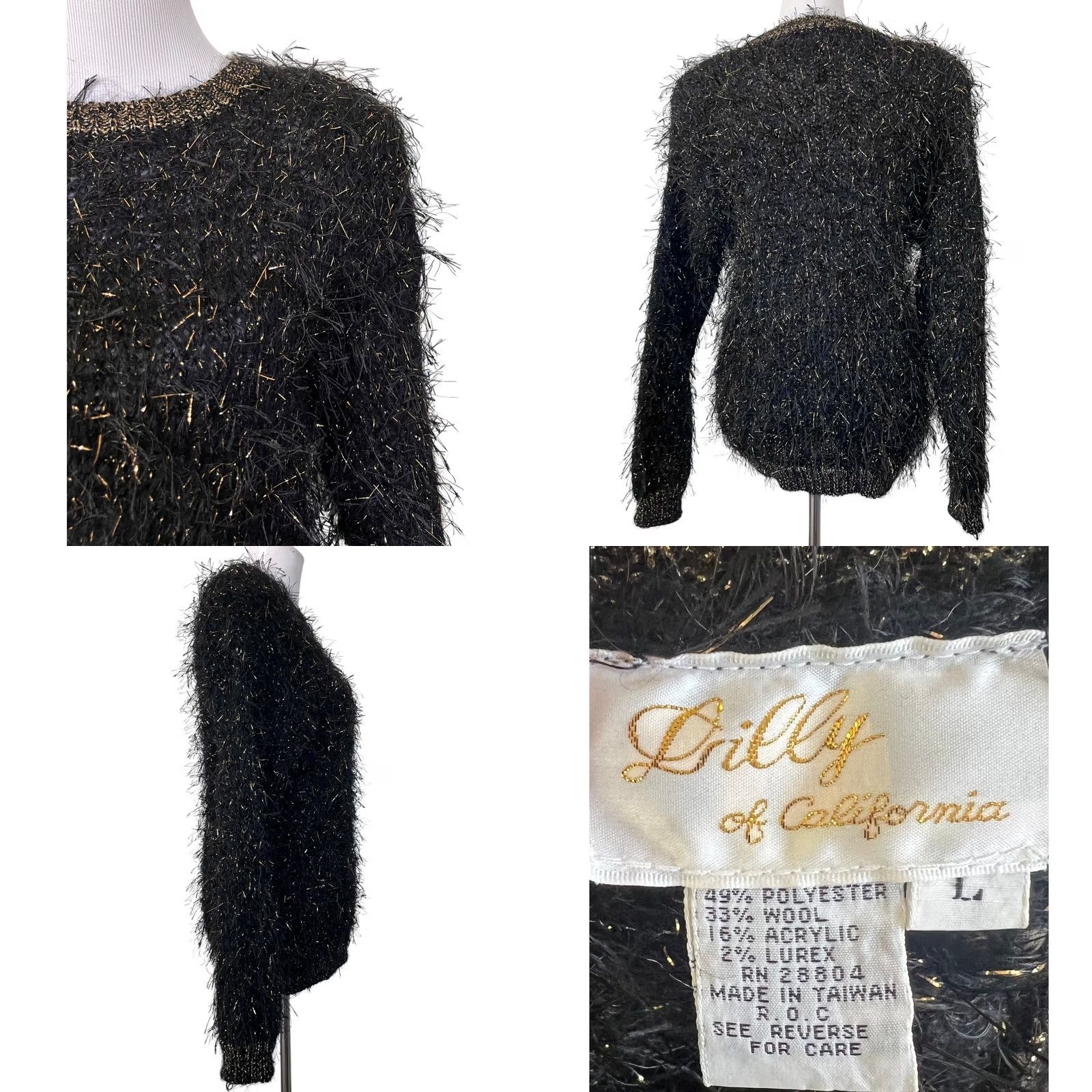 Vintage VINTAGE Lilly of California Sweater Black w/ Gold Eyelash Wool Blend Women’s L Crew Neck Long Sleeve Pullover 80s 90s Shaggy Fuzzy Designer Womens Size L / US 10 / IT 46 - 8 Thumbnail