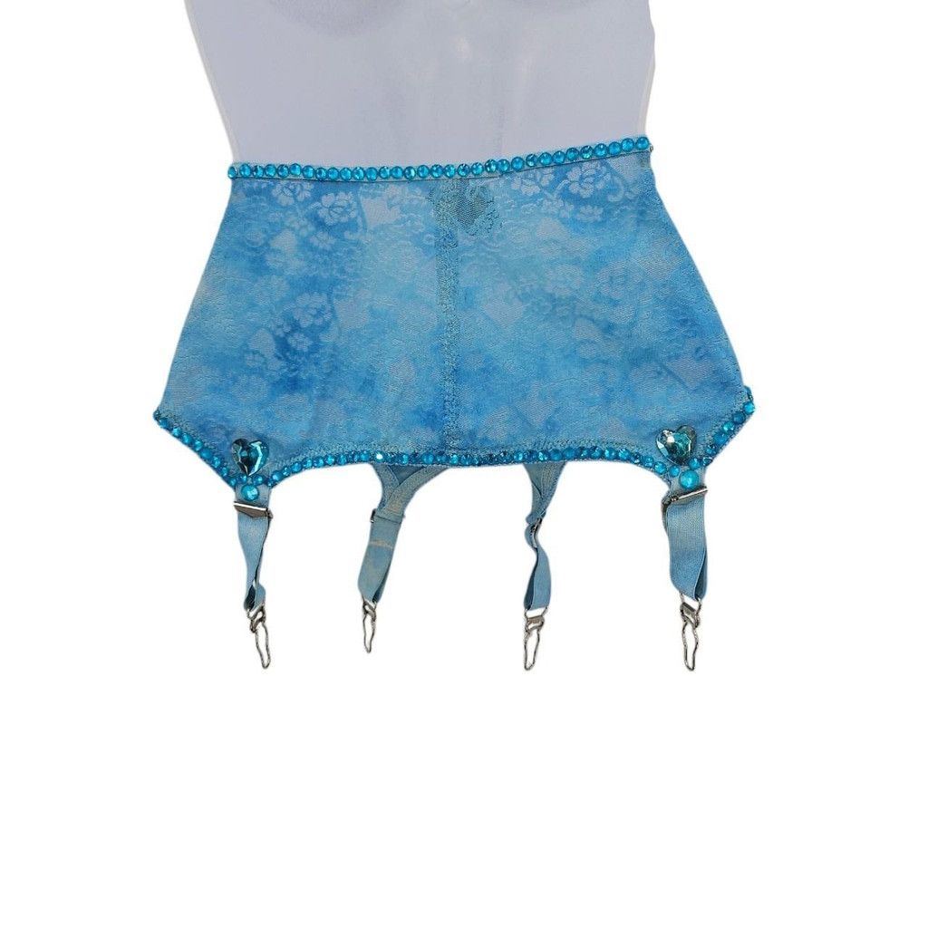 Vintage Vintage 1950s-1960s Sky Blue Lace & Rhinestone Garter Belt Size ONE SIZE - 2 Thumbnail
