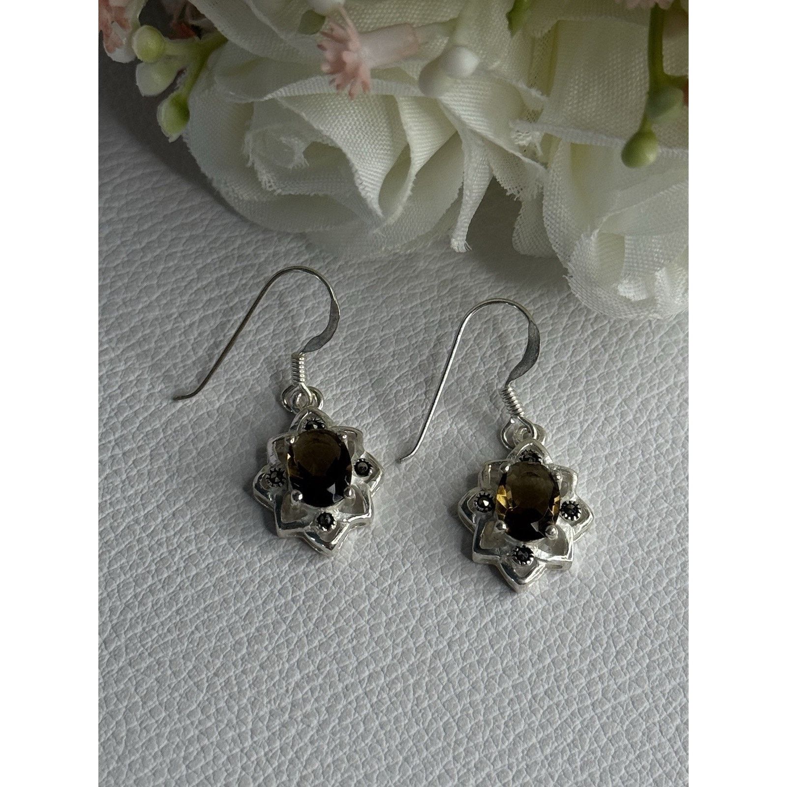 Jewelry 925 STERLING SILVER HESSONITE & MARCASITE EARRINGS Size ONE SIZE - 3 Thumbnail