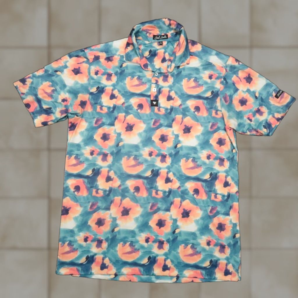 Bad Birdie Shirt Mens Medium Blue Orange Abstract Floral Performance Golf Polo