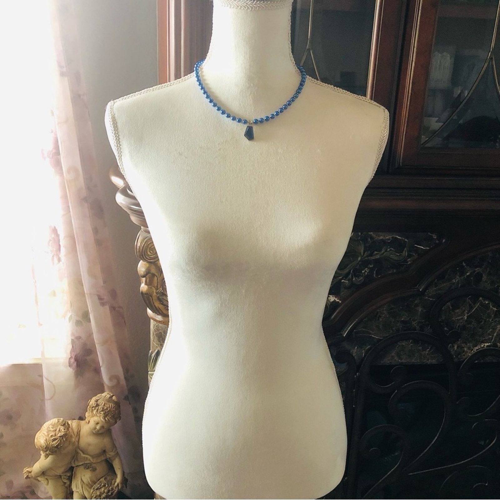 Handmade Handcrafted repurpose blue geometric glass Pearl necklace Size ONE SIZE - 6 Thumbnail