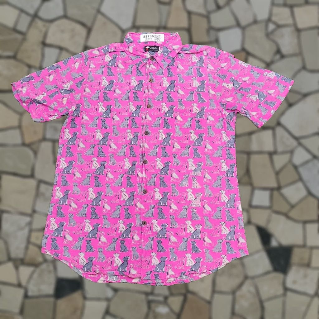 Pinko VINTAGE 90s Dog AOP Button Shirt Medium Pink Mens Shirt 40 in Chest 28 in Long Sleeve Short Sleeve Collared Button Up All Over Print Graphic Print Dog Size US M / EU 48-50 / 2 - 1 Thumbnail