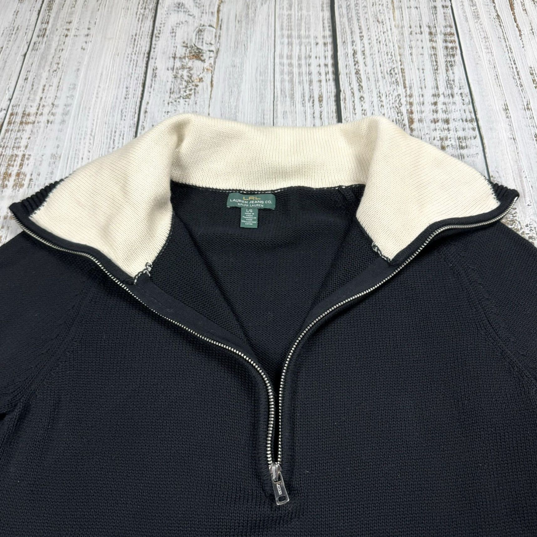 Ralph Lauren VINTAGE Ralph Lauren Women’s Sweater Shirt Knit 1/2 Zip Turtleneck Pullover Black L, Preppy, 100% Cotton Size L / US 10 / IT 46 - 4 Thumbnail