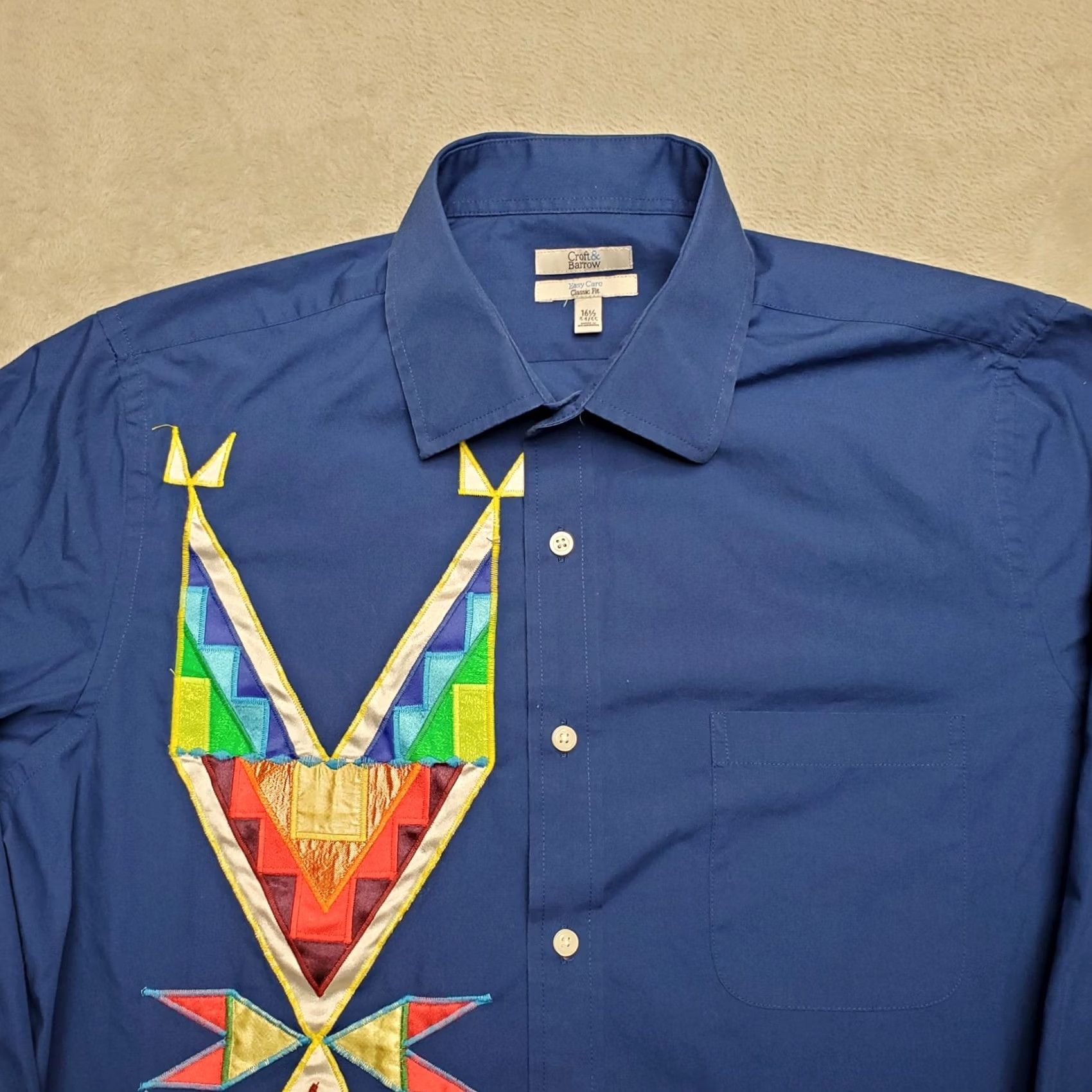 Croft & Barrow Croft Barrow Shirt Men 16.5 Blue Aztec Southwestern Geometric Embroidered Casual Button-Up Long Sleeve Cotton Blend Size US XL / EU 56 / 4 - 2 Thumbnail
