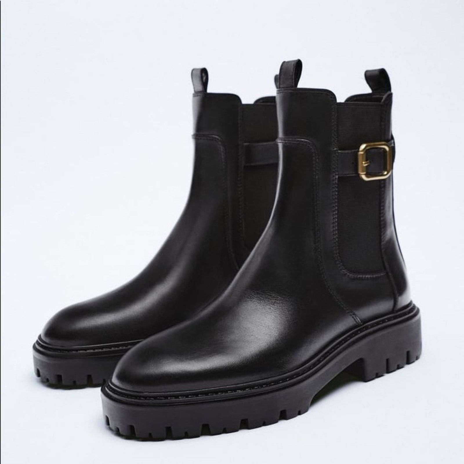 Zara ZARA LEATHER ANKLE BOOTS WITH BUCKLE BLACK Size US 10 / IT 40 - 1 Thumbnail