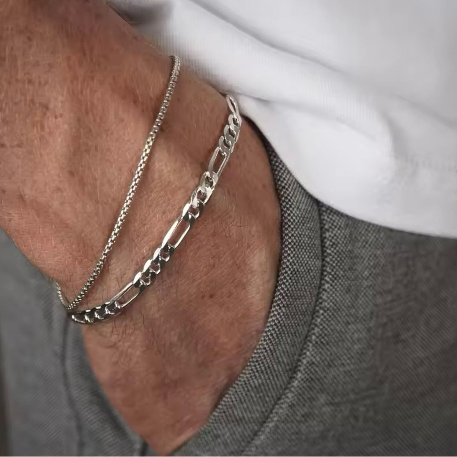 Other Mens 2pcs Bracelets Set Box Chain & Cuban Link Bracelet 8” Size ONE SIZE - 1 Thumbnail