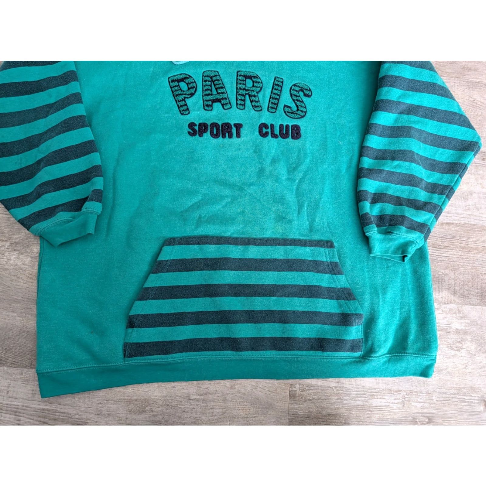 Vintage VINTAGE Paris Sport Club Hoodie Striped Sleeves Womens Oversized L 90’s Paris Graphic Print Fleece Pullover Size L / US 10 / IT 46 - 6 Thumbnail