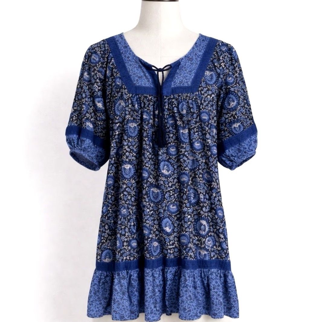 Old Navy Old Navy Blue Mixed Floral Print Tiered Shift Dress Tassel Cottagecore 3/4 Sleeve Knee Length Cotton Rayon Womens Dress Size S / US 4 / IT 40 - 2 Thumbnail