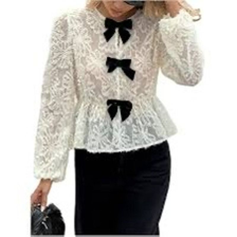 Other Sheer lace long sleeve white peplum ruffle black bow blouse Size S / US 4 / IT 40 - 2 Thumbnail