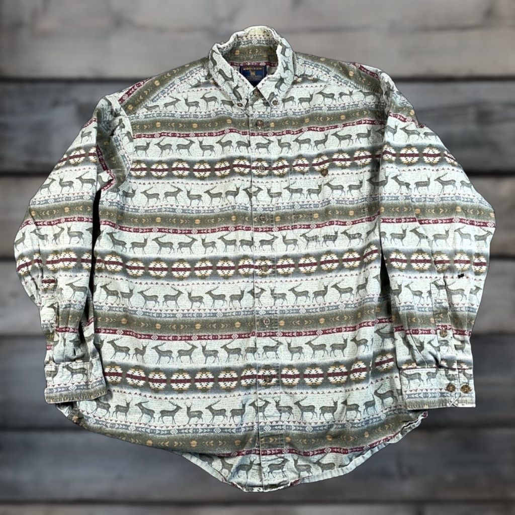 Vintage VINTAGE Woolrich Men’s Button-Up Shirt XL Green Geometric Deer Aztec Nature Casual Fall Winter Size US XL / EU 56 / 4 - 1 Thumbnail