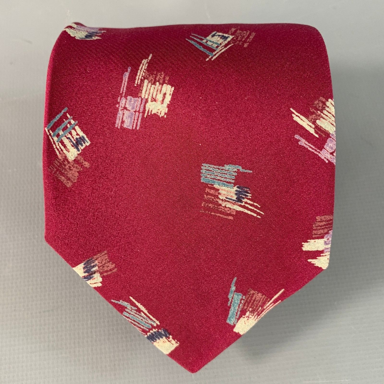 Valentino VALENTINO One Size Burgundy Grey Abstract Silk Tie Size ONE SIZE - 1 Thumbnail