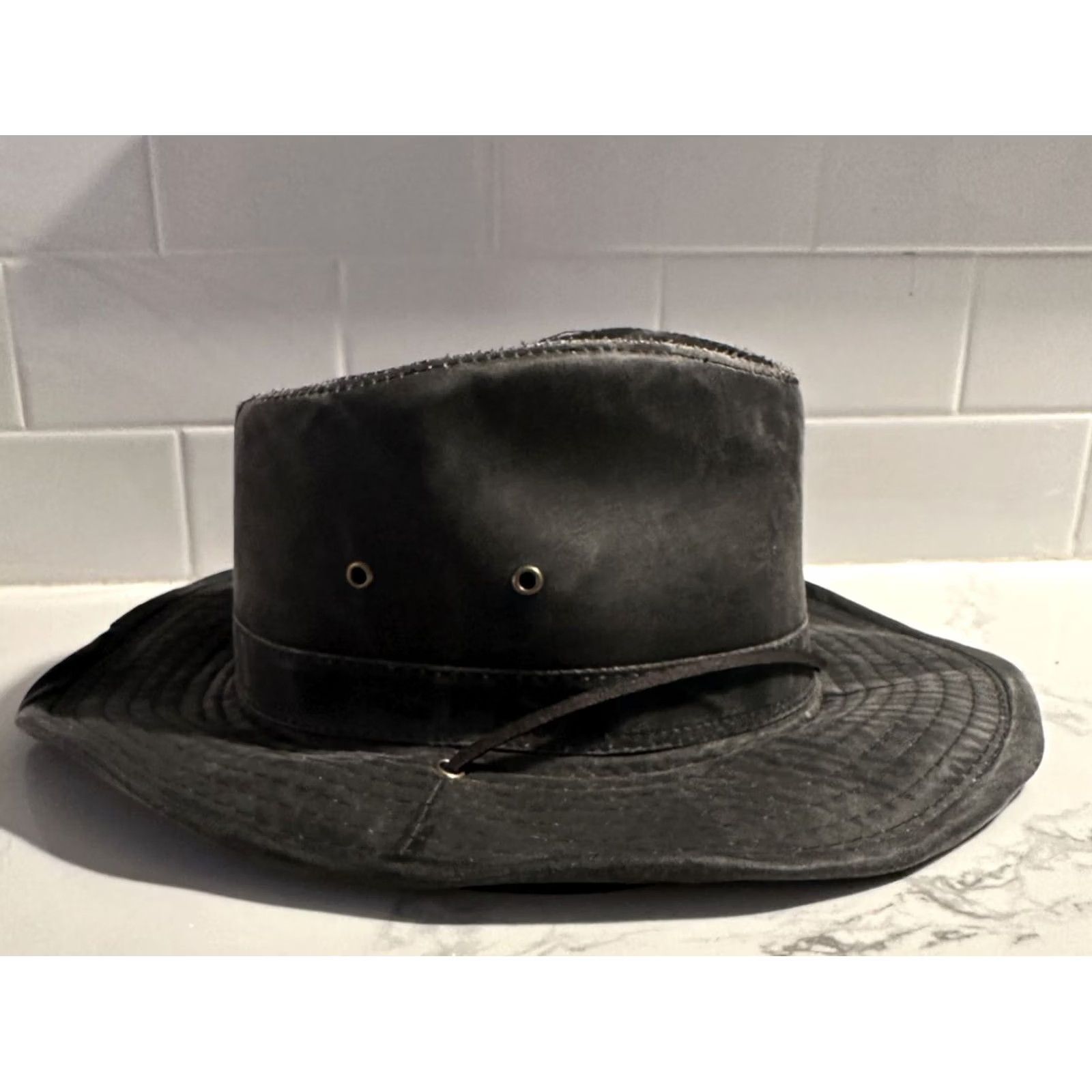 Vintage Dorfman Pacific Bucket Hat Fishing Medium Vented Strap Faux Leather Water Resistant Cotton Brown Men M Leather Fabric DPC Size ONE SIZE - 3 Thumbnail