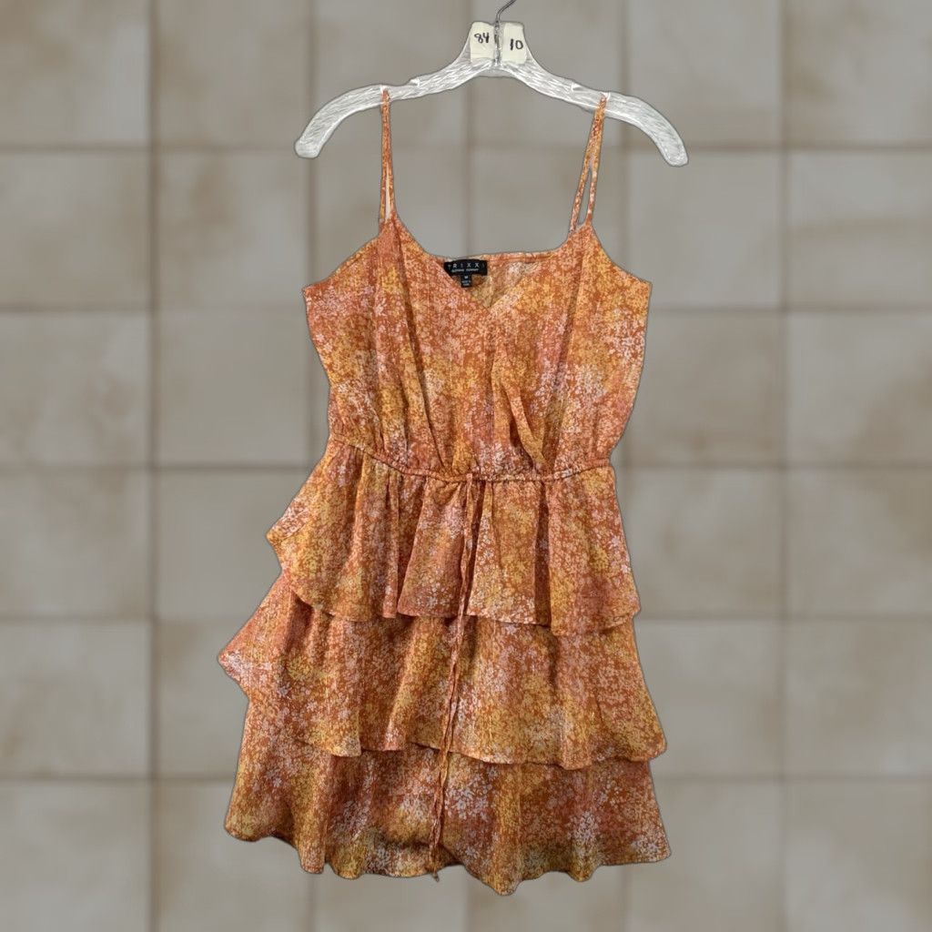 Vintage Trixxi Women's Sheath Dress Medium Orange Floral Ruffle V-Neck Sleeveless Casual Party Bohemian Size 32" / US 10 / IT 46 - 1 Thumbnail