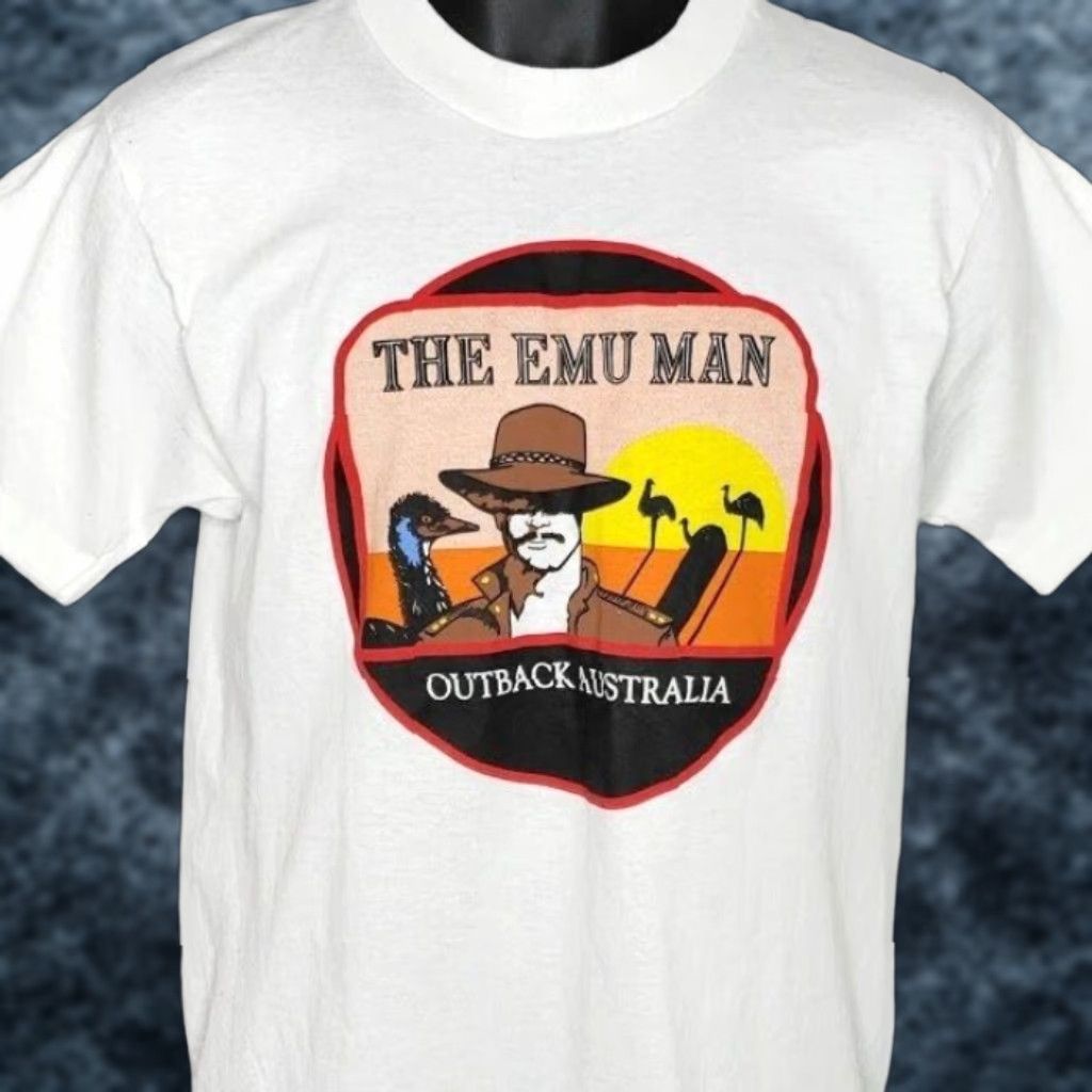 Fruit Of The Loom VINTAGE Emu Man T Shirt Mens Size Medium Outback Australia Emu Oil Made In USA Fruit of the Loom White Crew Neck Short Sleeve 1980s USA Mens T-Shirt Size US M / EU 48-50 / 2 - 1 Thumbnail