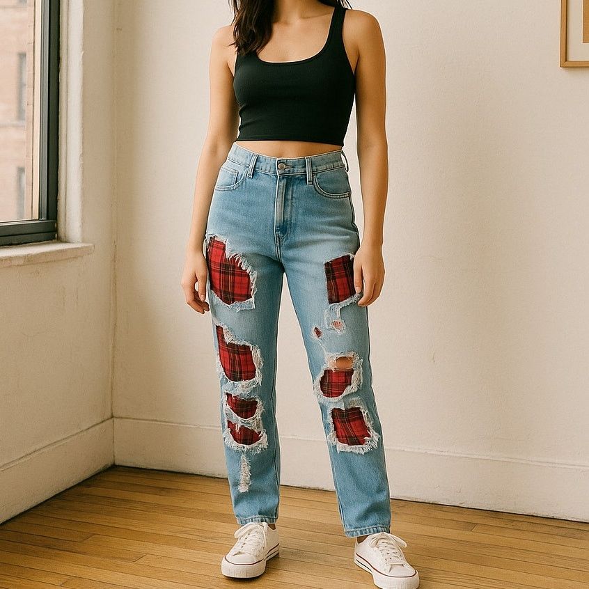 Urban Outfitters × Vintage UO Thrased Buffalo Plaid Patchwork Straight Leg Jeans 29" Size 29" - 1 Thumbnail