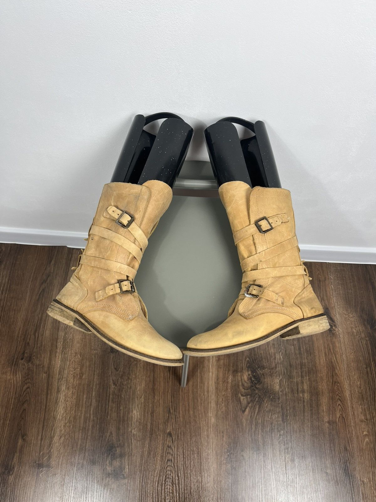 Vintage Tan Leather Mid-Calf Boots with Buckle Straps