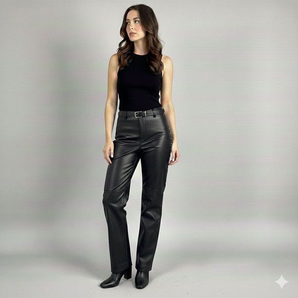 Vintage Vintage Black Leather Straight Leg Pants w/ Rhinestone Trim Size 30" / US 8 / IT 44 - 12 Thumbnail