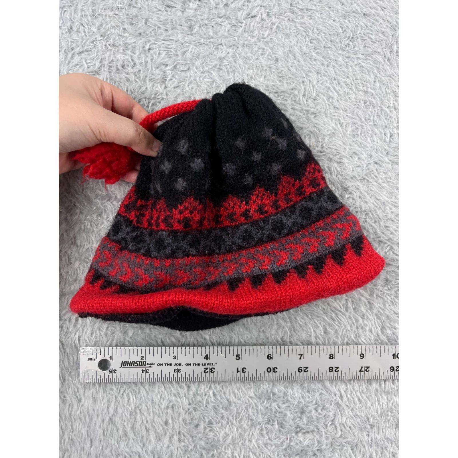 Vintage VINTAGE Beanie Toque Adult One Size Red Geometric Knit Tassel Wool Polyester Lined Ski Size ONE SIZE - 4 Thumbnail