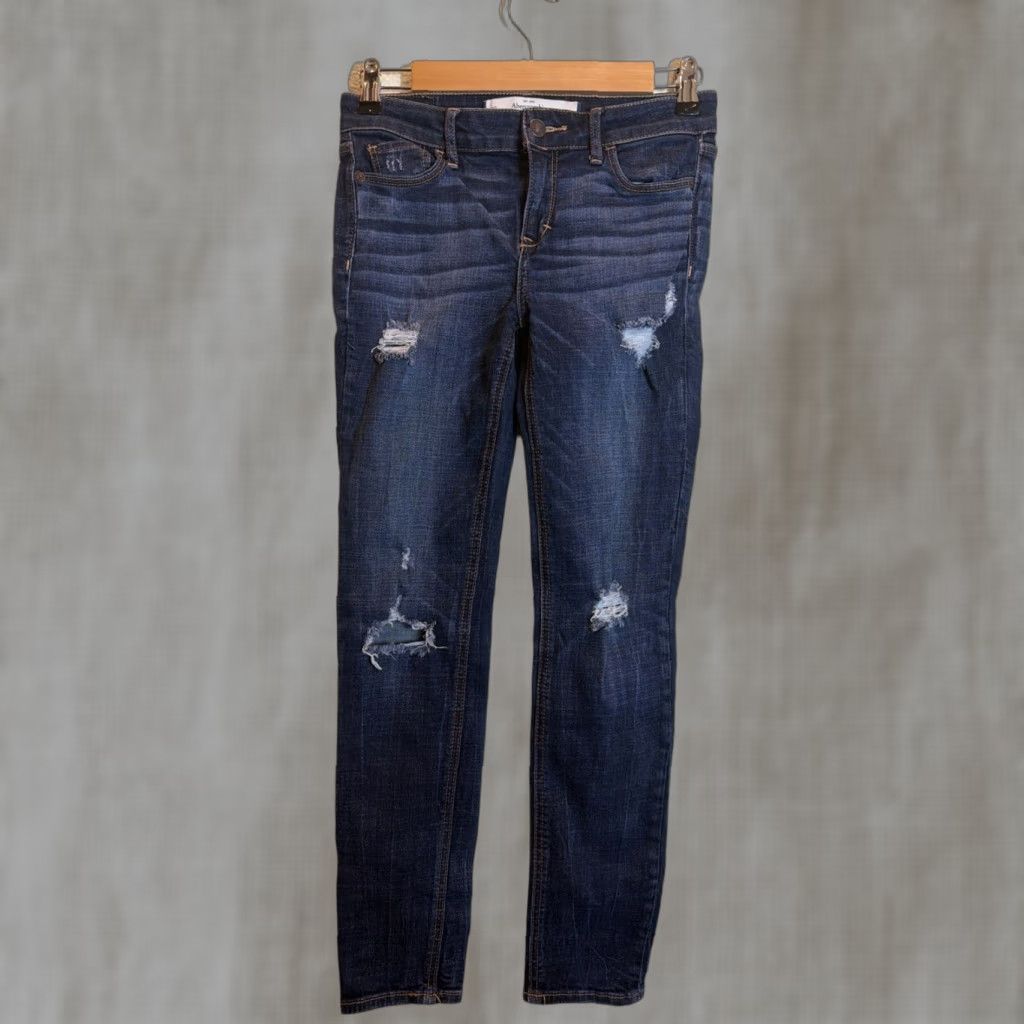 Abercrombie & Fitch Abercrombie Fitch Women’s Skinny Jeans Dark Wash Distressed 24x27 Low Rise 00 Blue Size 24" / US 00 / IT 34 - 1 Thumbnail