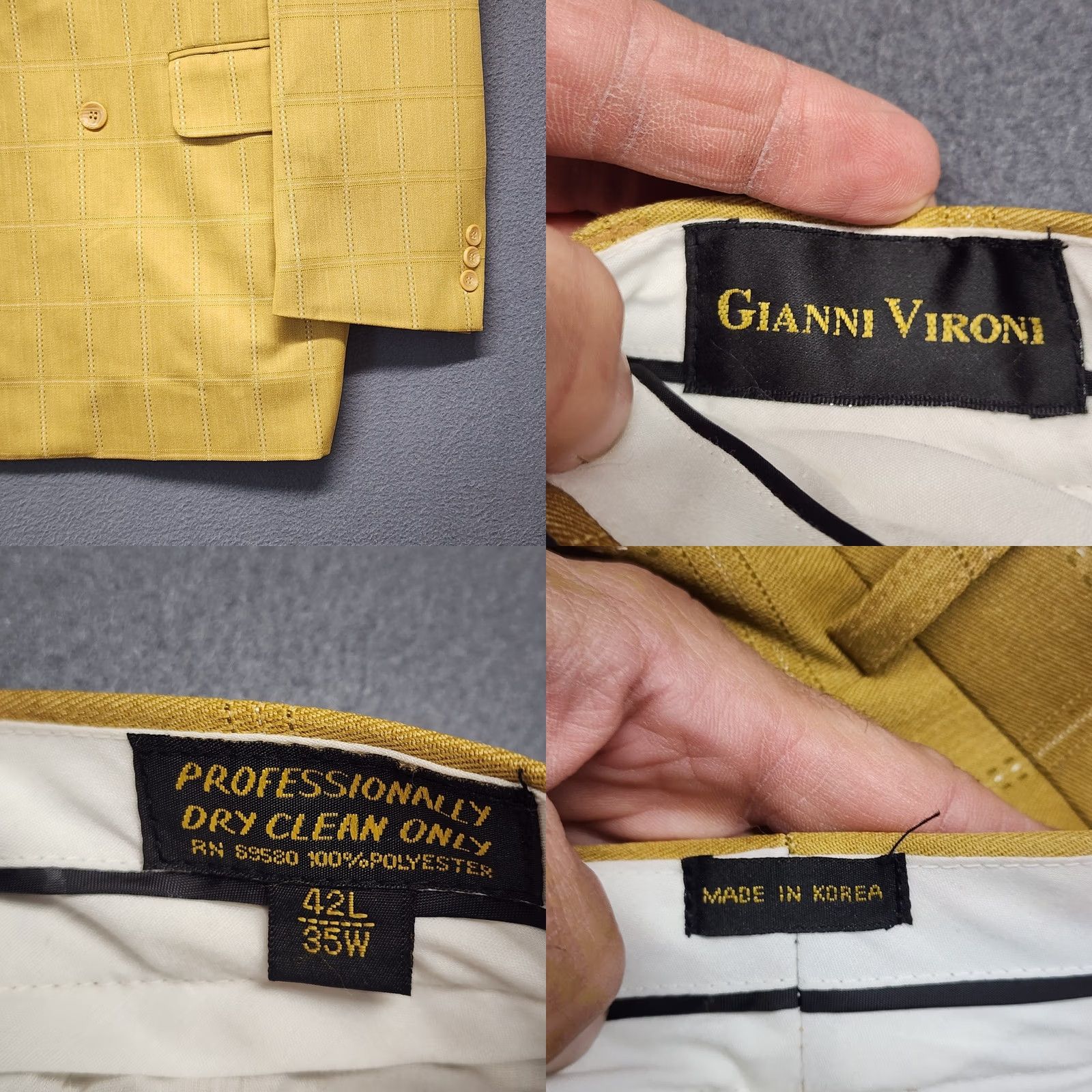 Doublet Gianni Vironi Mens Yellow Suit 2 Piece Windowpane Double Breasted Pleated Cuffed 42L 33W Men Size 42R - 11 Thumbnail
