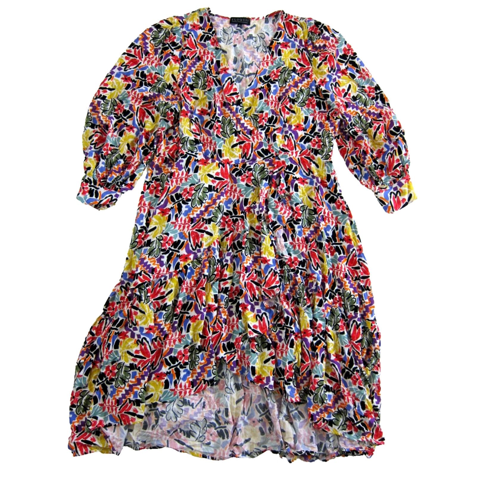 Vintage ELOQUII Dress Long Sleeve Rayon Black Purple Yellow Red Abstract High Low 24 V-Neck Kaftan Bohemian Floral 80s 90s Boho Womens Mens Girls Size 4XL / US 24-26 - 2 Thumbnail