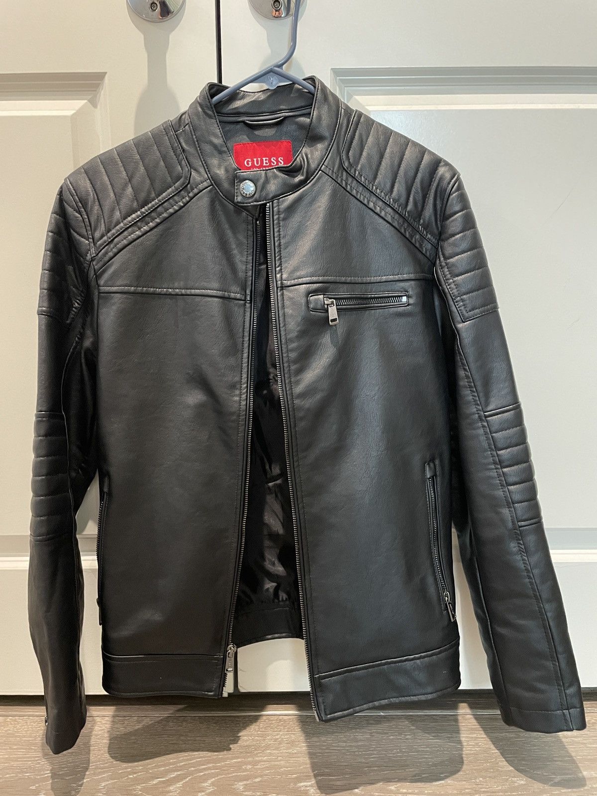 Guess Men’s black leather jacket with detachable hood Size US S / EU 44-46 / 1 - 2 Thumbnail