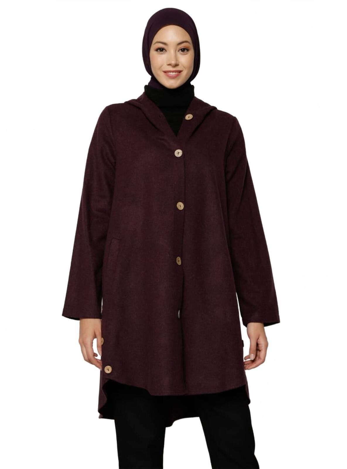 The Unbranded Brand Elegant Burgundy Button-Up Long Sleeve Coat with Hood Size M / US 6-8 / IT 42-44 - 1 Thumbnail