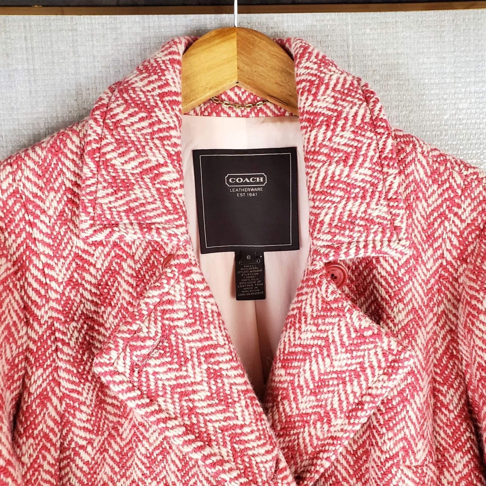Coach COACH Womens Pea Coat Jacket Pink White Herringbone Wool Mohair Silk Lined Double Breasted Notch Front Pockets Size 6 Womens Size M / US 6-8 / IT 42-44 - 4 Thumbnail