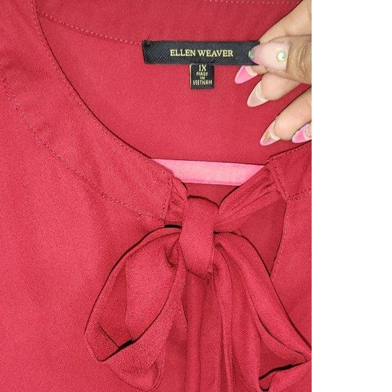 Other Ellen Weaver Women’s Red Long Sleeve Bow Blouse Size 1X Size XL / US 12-14 / IT 48-50 - 3 Thumbnail