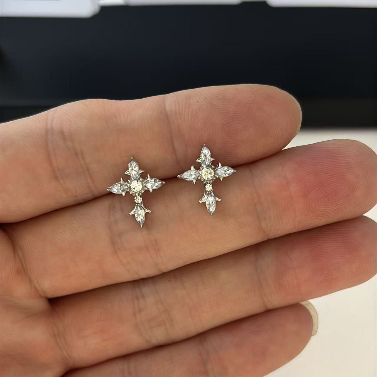 CZ Cross Stud Earrings for Men Women Unisex Punk Hip Hop