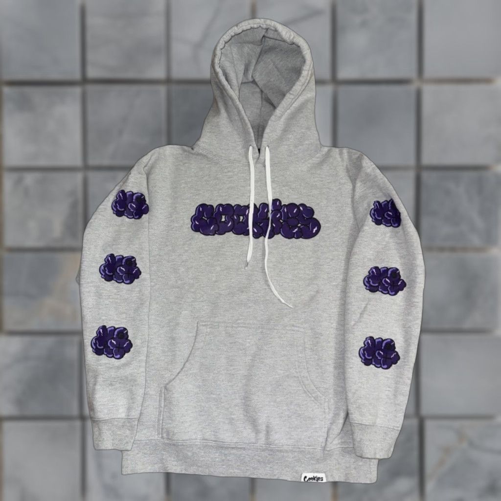 Cookie x MQIZM Graffiti Hoodie Mens L Gray Streetwear Bubble Letter Print Pullover Hooded Kangaroo Pocket 23x27 Graphic Print