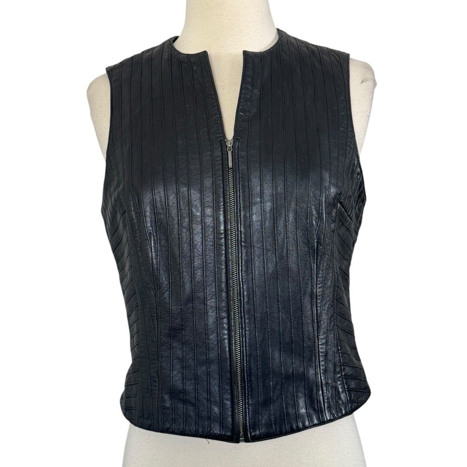 Other Vintage 90s CACHÉ Black 100% Leather Moto-Core Biker Vest S Size S / US 4 / IT 40 - 3 Thumbnail