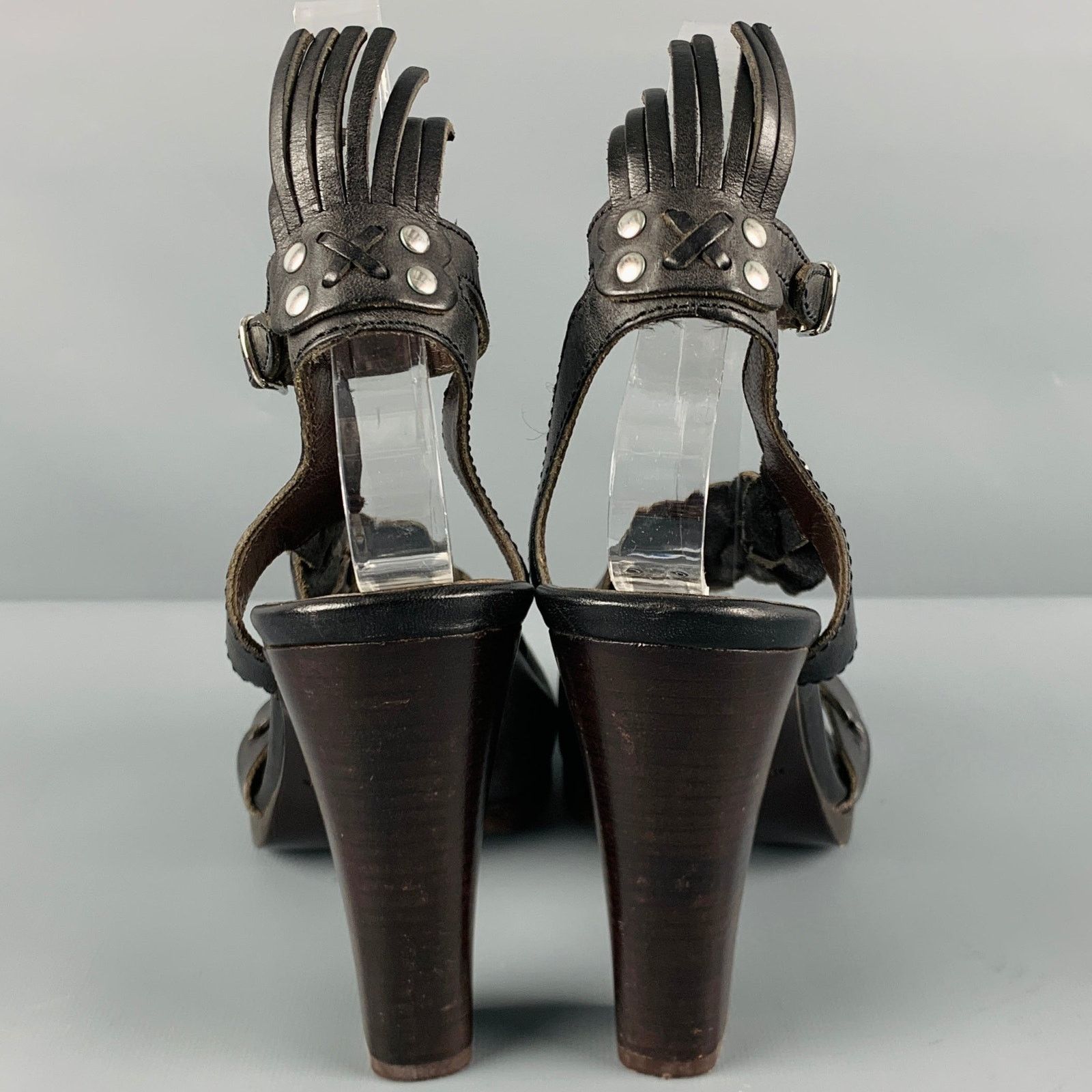 Balenciaga Size 8 Black Brown Leather Braided Chunky Heel Sandals Size US 8 / IT 38 - 3 Thumbnail