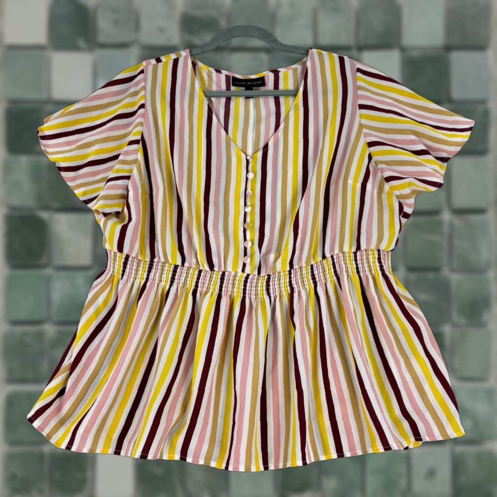 Vintage Lane Bryant Shirt Womens 16P Yellow Striped Flutter Sleeve V-Neck Pullover Blouse Size XXL / US 16-18 / IT 52-54 - 1 Thumbnail