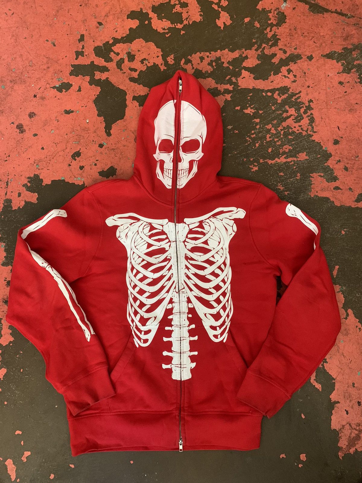 image of Goth&money Goth Money Records Red Skeleton Full Zip Jacket, Men's (Size Large)