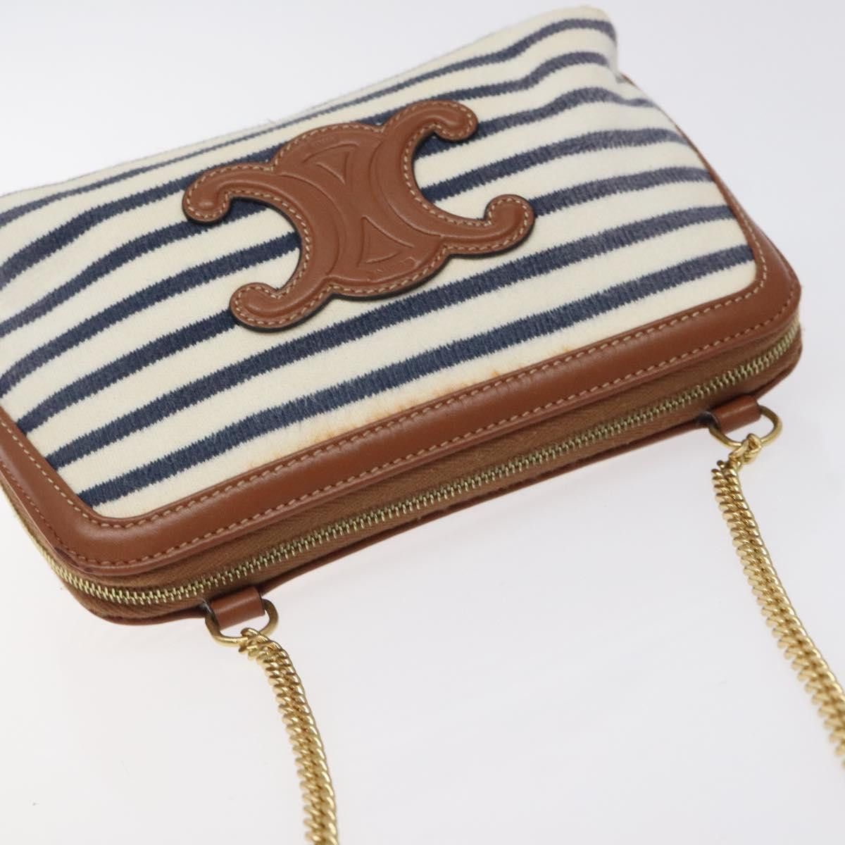 Celine CELINE Triomphe Chain Shoulder Bag Cotton White Navy Gold Size ONE SIZE - 6 Thumbnail