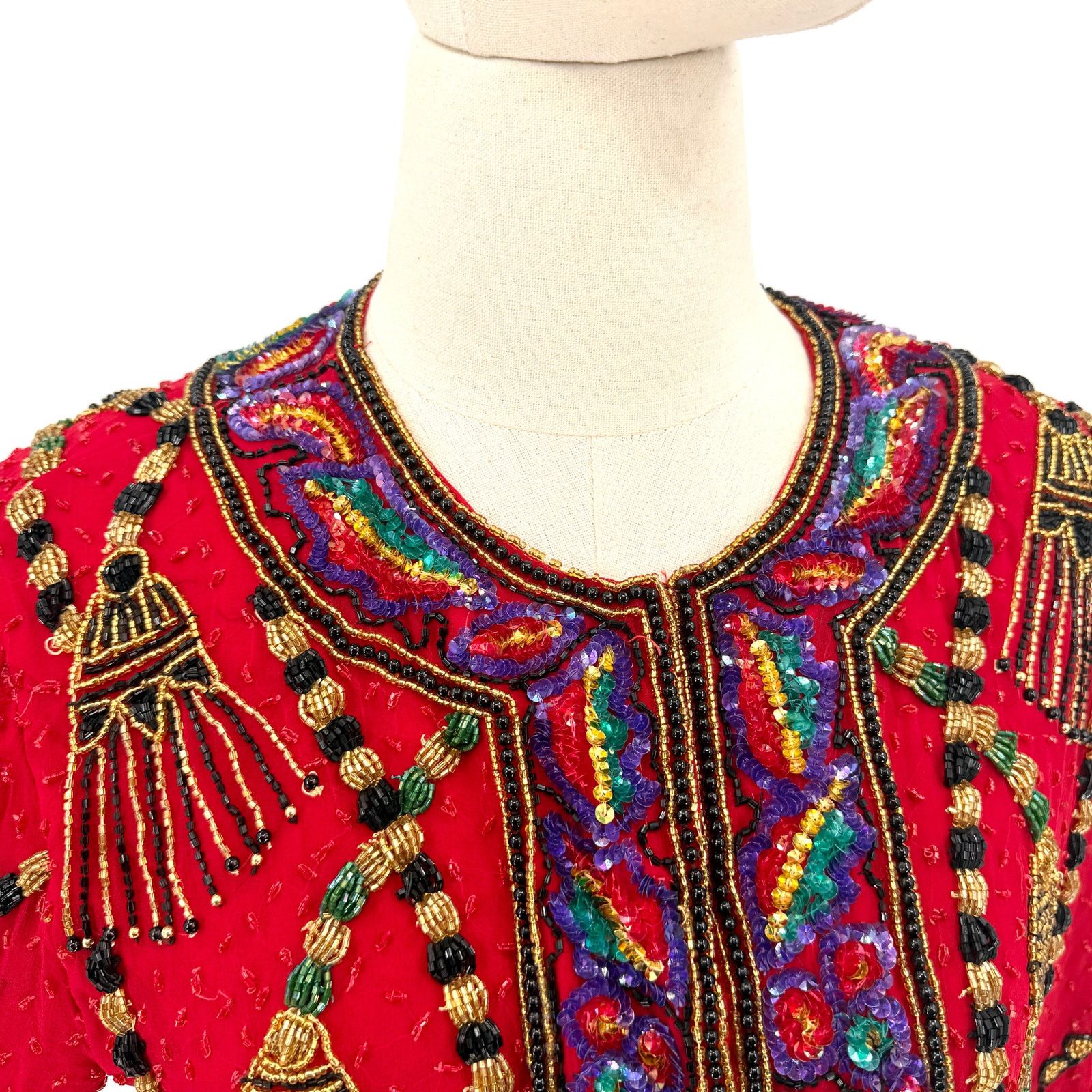 Vintage Vintage 90s Red 100% Silk Beaded Glam Statement Jacket Size S / US 4 / IT 40 - 2 Thumbnail