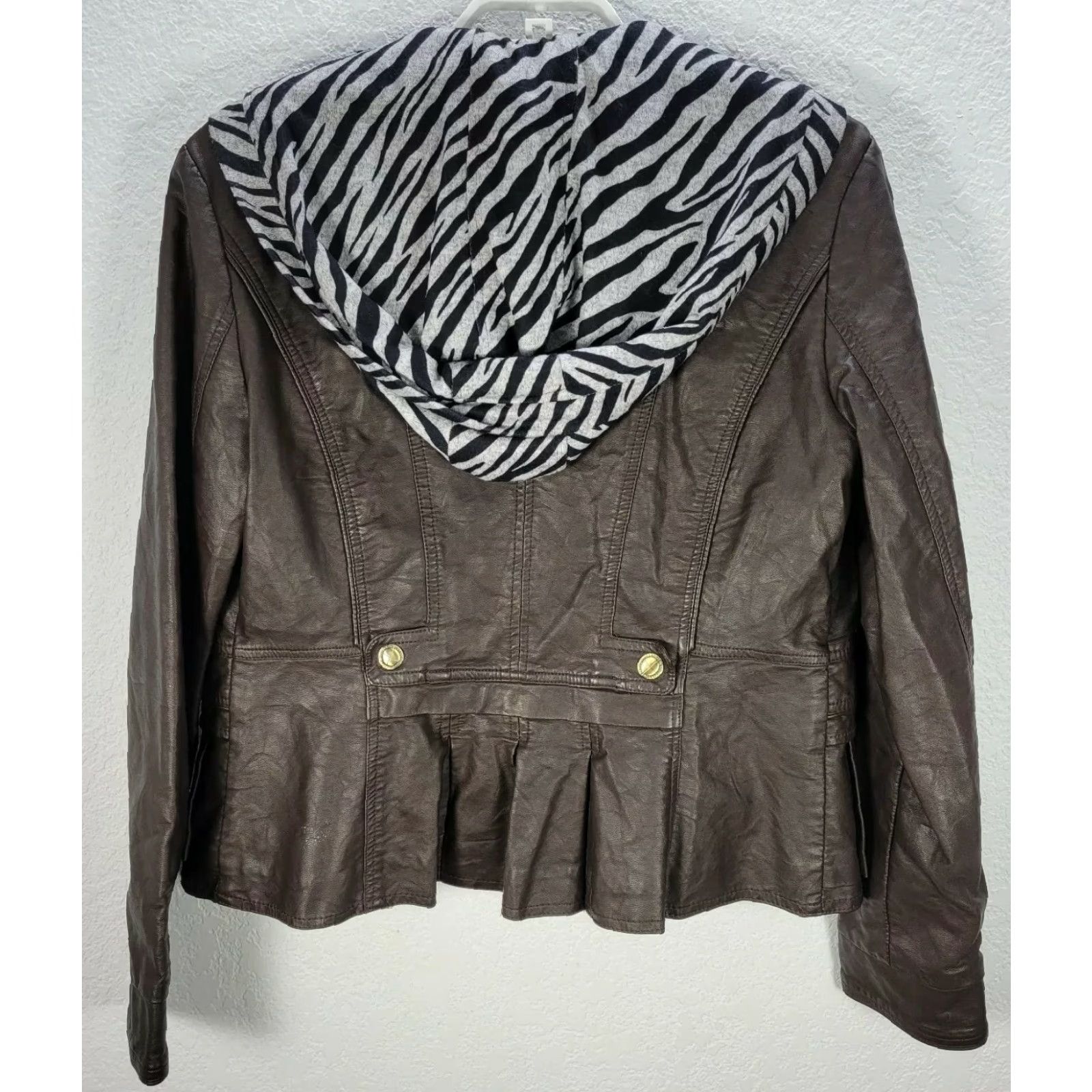 Vintage Montanaco Women's Hooded Faux Leather Jacket Brown Zebra Print Sz S - Animal Print, Gold Button, Mid-Length, Casual Coat Size S / US 4 / IT 40 - 6 Thumbnail