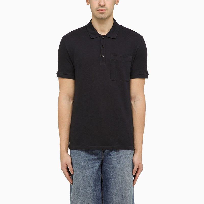 image of Valentino Navy Blue Short Sleeves Polo With V Inlay, Men's (Size Large)