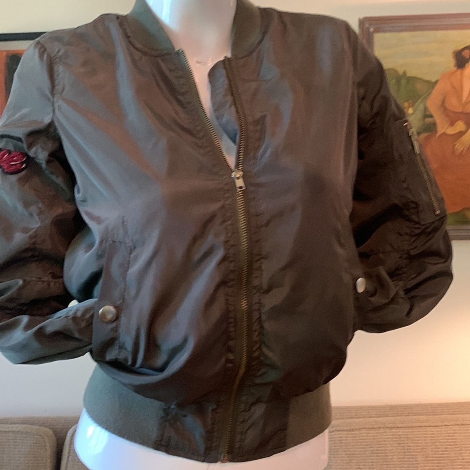 New Look New Look Bomber Jacket Khaki Olive Green, Message appliques Size S / US 4 / IT 40 - 3 Thumbnail