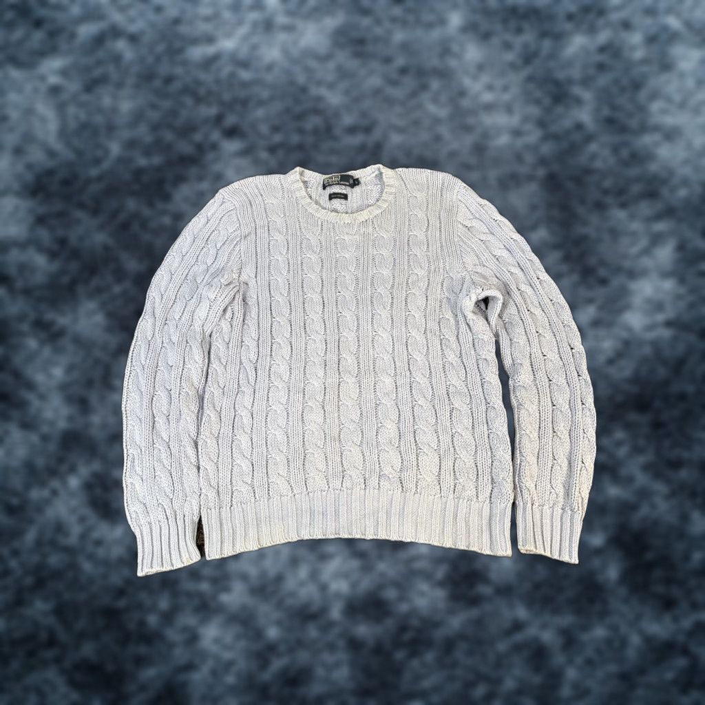 Polo Ralph Lauren VINTAGE Polo Ralph Lauren Men’s Cable Knit Sweater L Blue Fisherman 90s Pony Logo Embroidered Crew Neck Size US L / EU 52-54 / 3 - 1 Thumbnail