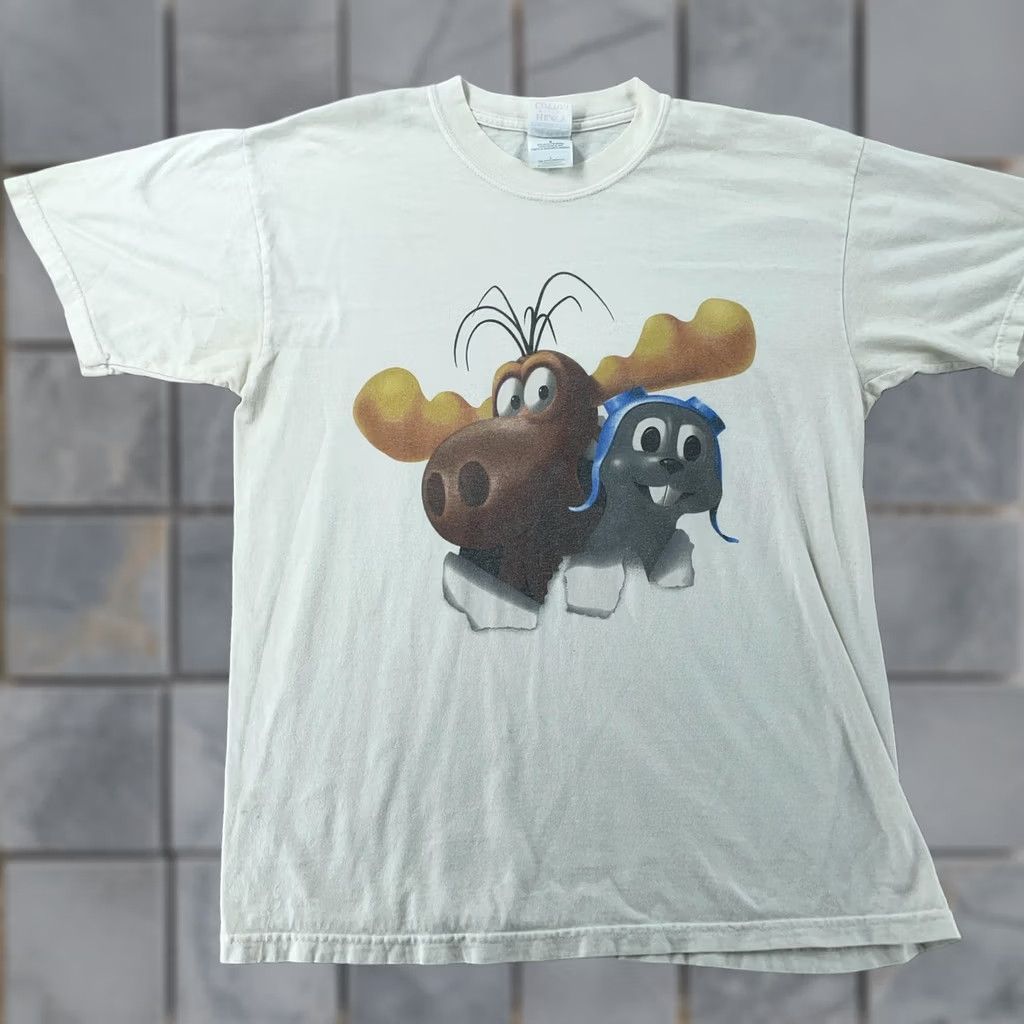 Gildan VINTAGE Rocky & Bullwinkle T-Shirt Mens M/L Ivory Cartoon Graphic Gildan 00s Legends, Animals, Movie Mens Size US M / EU 48-50 / 2 - 1 Thumbnail