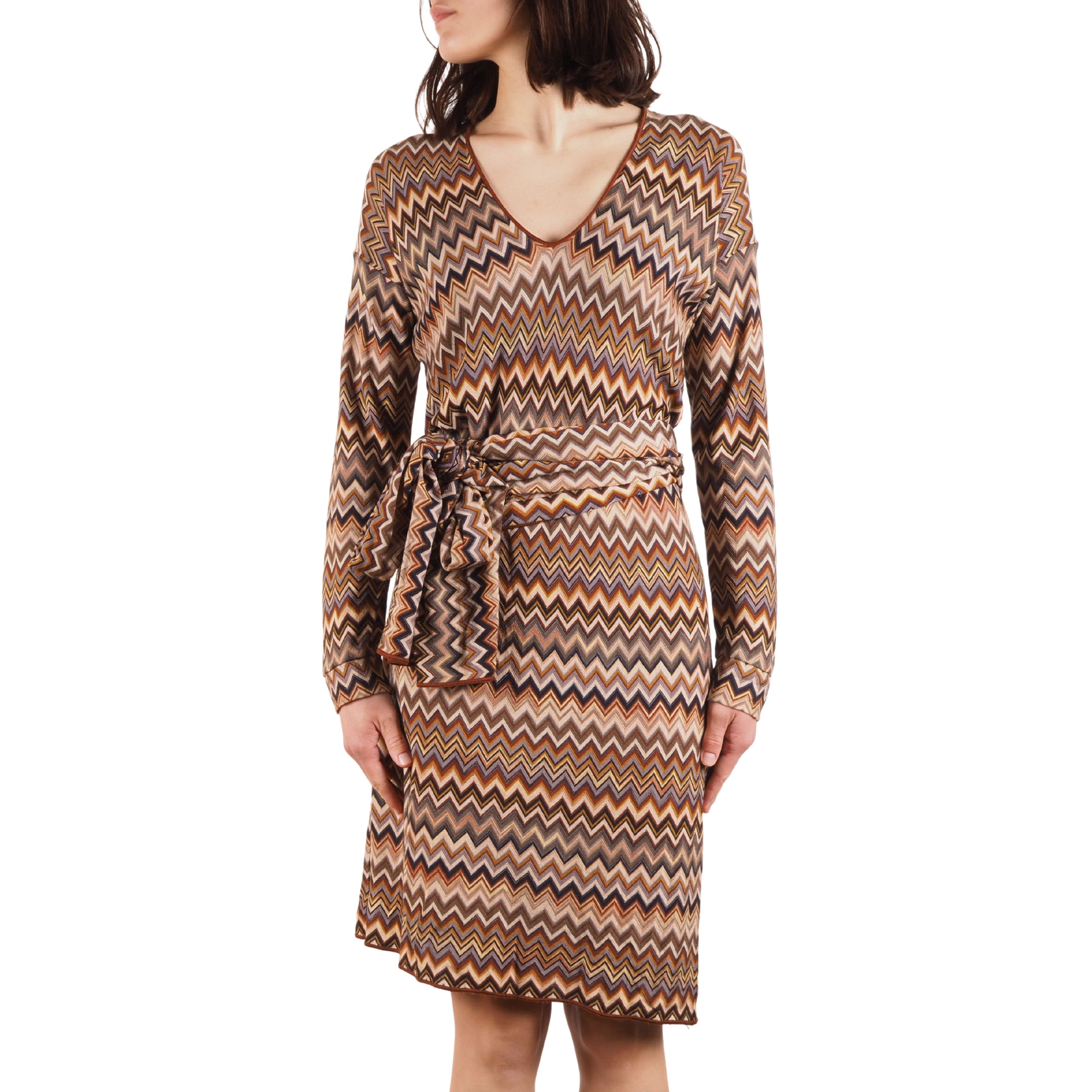 Missoni Missoni Vintage Knit Belted Chevron Zigzag Dress Brown Size L / US 10 / IT 46 - 1 Thumbnail
