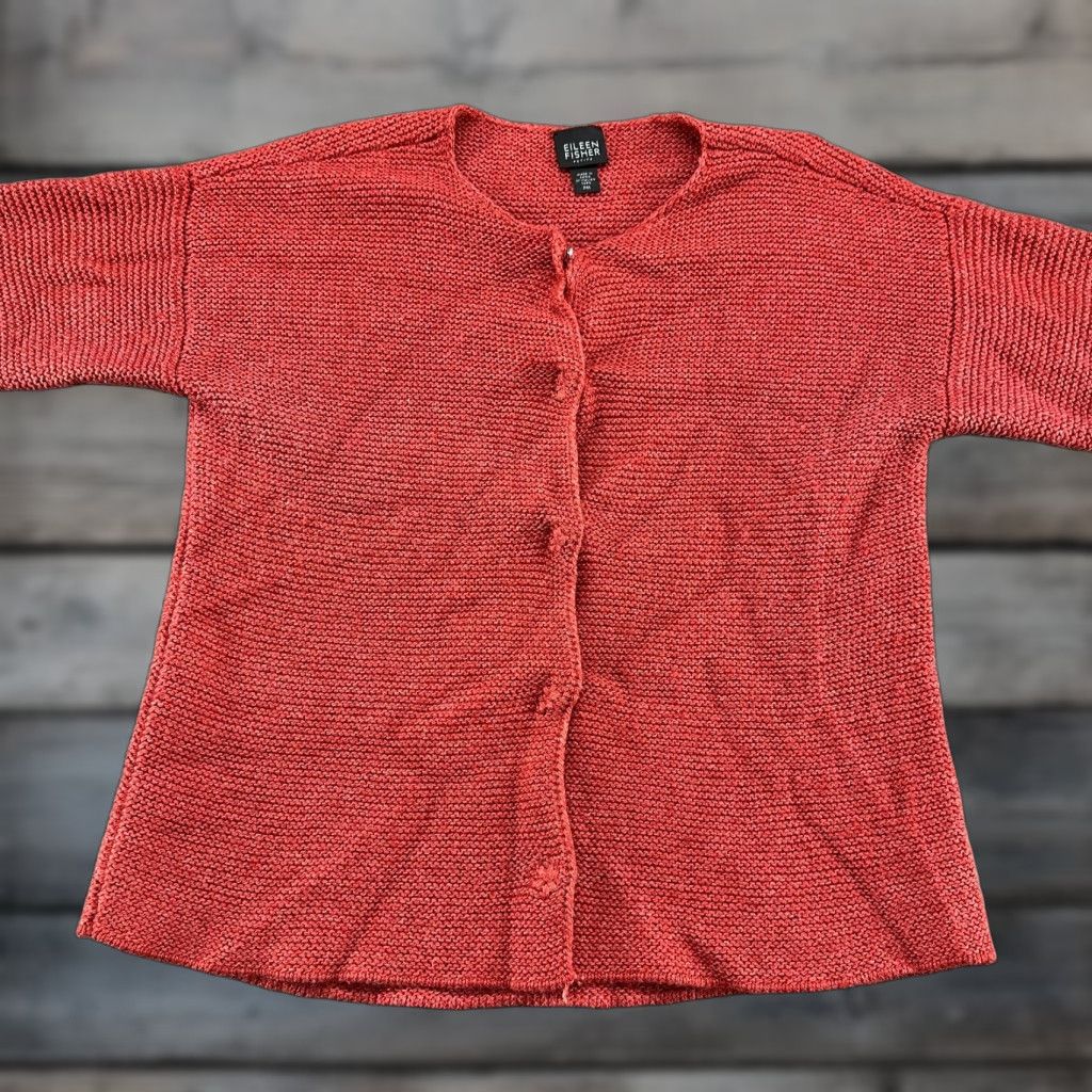 Eileen Fisher Eileen Fisher Cardigan Sweater Womens PM Orange Knit Wool Polyester Raglan Sleeve Round Neck Button 90s Classic All Seasons Lightweight Size M / US 6-8 / IT 42-44 - 1 Thumbnail