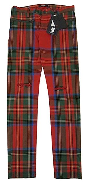 Cropped Pants Tartan Check Stretch Pants Waist Zip Red
