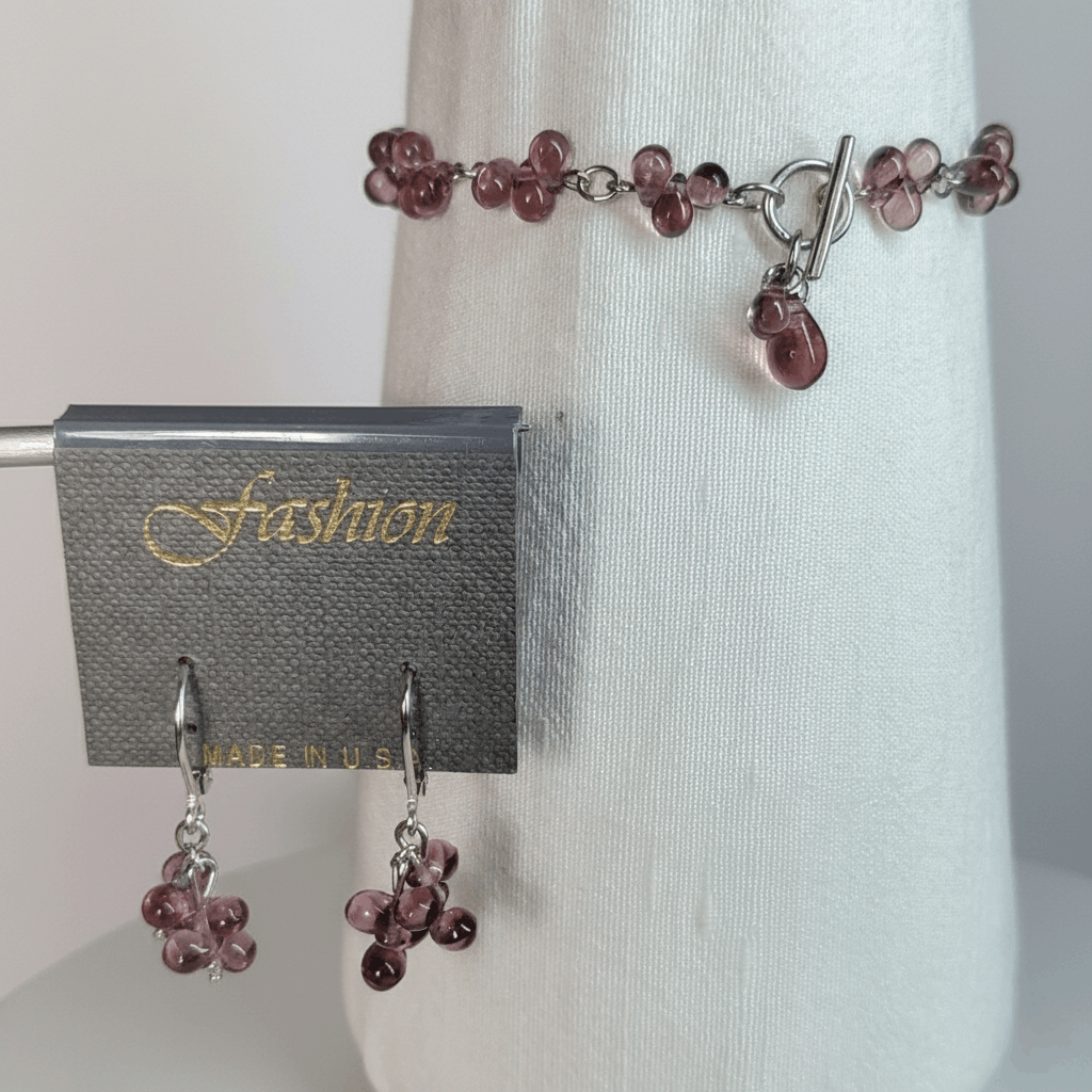 Other Bracelet & Earrings NEW Rhodium Plated Purple Glass Teardrop Size ONE SIZE - 1 Thumbnail