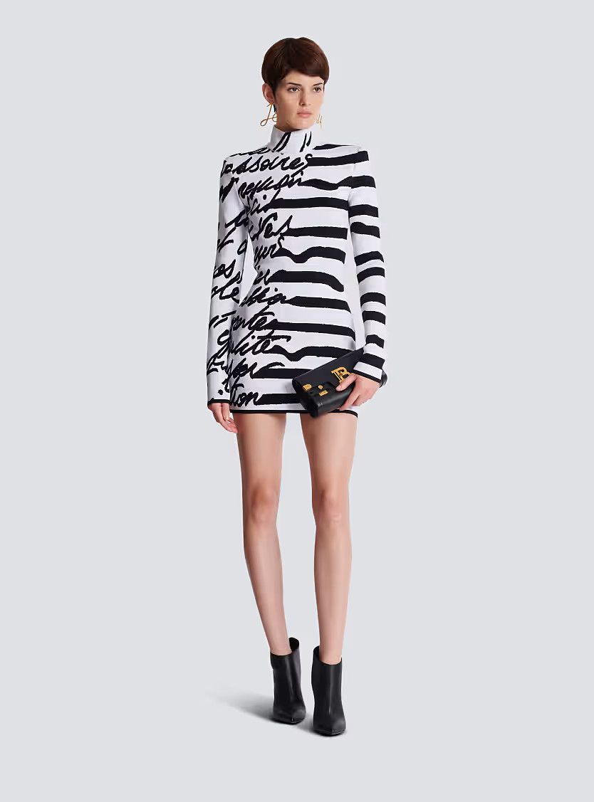 Balmain o1s1wg111225 Striped jacquard Knit Dress in White/Black Size M / US 6-8 / IT 42-44 - 3 Thumbnail