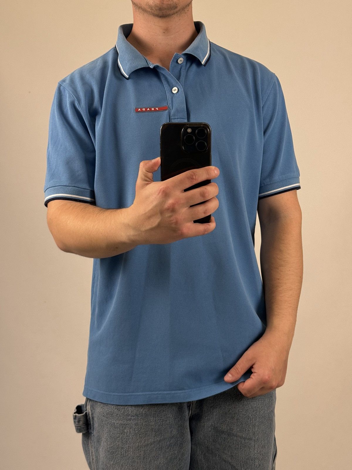 image of Vintage Prada Red Tab Polo T-Shirt in Blue, Men's (Size XL)